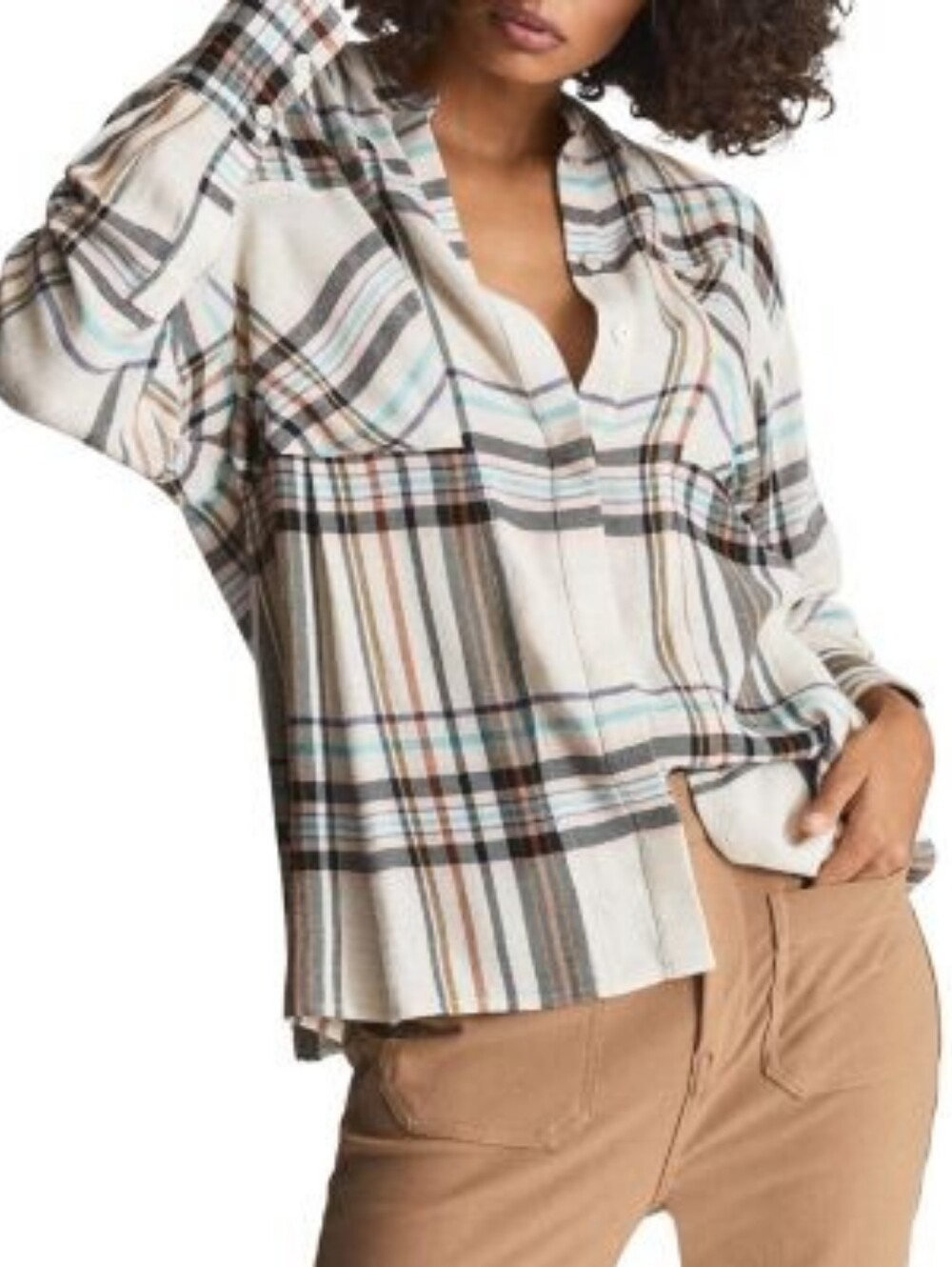 Reiss Amira Cream Plaid Button-Down Shirt